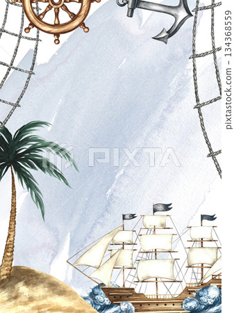 A frame with a nautical theme. Hand-drawn watercolor illustration. A ship at sea, an island with a palm tree, a steering wheel, and an anchor. On a gray watercolor background. For postcards, posters. 134368559