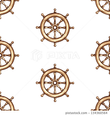 Seamless pattern with ship's wheels. Hand-drawn watercolor illustrations. Colorful image. For textiles, wrapping paper, packaging, backgrounds, and more. Seamless pattern with ship's wheels. Hand-drawn watercolor illustrations. Colorful image. For textiles, wrapping paper, packaging, backgrounds, and more. 134368564