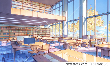 圖書館內部靜謐的景象，一排排書架錯落有致 | 以閱讀、學習、知識和精神空間為主題的高品質背景插圖素材 134368583