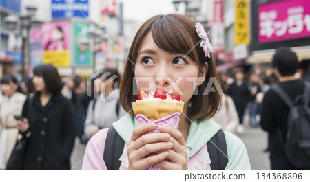 A woman eating a crepe in Harajuku 134368896