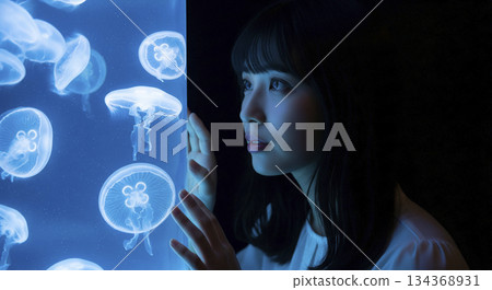 一位女士被水母缸神秘的景象深深吸引。 一位女士被水母缸神秘的景象深深吸引。 134368931