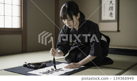 一位女子平靜地練習書法 一位女子平靜地練習書法 134368949