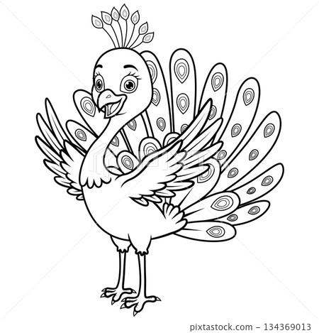 Happy Cartoon Peacock Outline for Coloring Book 134369013