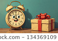 cute retro alarm clock and christmas gift box on minimal background. 134369109