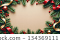 christmas pine frame with red ribbon and copy space background. 134369111