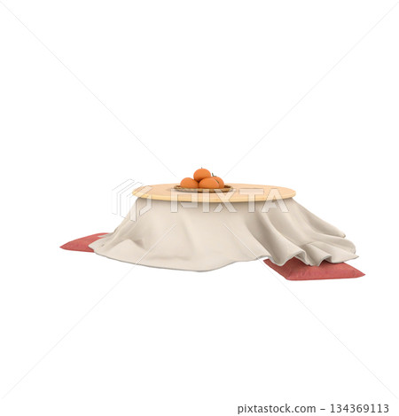 Japanese winter interior scene with a round kotatsu, mandarin oranges and cushions Japanese winter interior scene with a round kotatsu, mandarin oranges and cushions 134369113