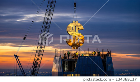 Construction crane lifting huge gold dollar sign on skyscraper roof at sunset concept financial growth real estate investment wealth profit Construction crane lifting huge gold dollar sign on skyscraper roof at sunset concept financial growth real estate investment wealth profit 134369137