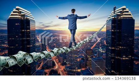 Businessman walking on rope made of dollar bills between skyscrapers at sunset concept financial risk money balance investment challenge courage Businessman walking on rope made of dollar bills between skyscrapers at sunset concept financial risk money balance investment challenge courage 134369138