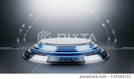 Futuristic 3d podium with glowing blue neon lights. Empty round stage for technology product display. Sci-fi pedestal on dark background. Modern abstract technology showcase Futuristic 3d podium with glowing blue neon lights. Empty round stage for technology product display. Sci-fi pedestal on dark background. Modern abstract technology showcase 134369152