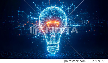 Digital lightbulb concept, technology innovation, bright idea, plexus network background, global connection, futuristic energy, creative solution, glowing wireframe Digital lightbulb concept, technology innovation, bright idea, plexus network background, global connection, futuristic energy, creative solution, glowing wireframe 134369155