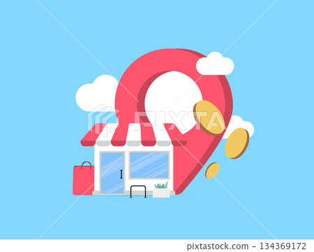 Location based shopping - hyperlocal marketing strategy concept. Map pins stores location support navigation targeted deals shaping 2026 retail trends, data driven mobile commerce growth illustration 134369172