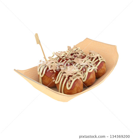 章魚燒配蛋黃醬和鰹魚片,盛於竹船形盤子中 章魚燒配蛋黃醬和鰹魚片,盛於竹船形盤子中 134369200