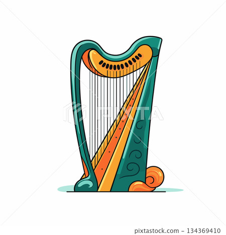A stylized illustration features a stringed Celtic harp. The instrument is colored teal and orange with swirl details. It stands on a white background. 134369410