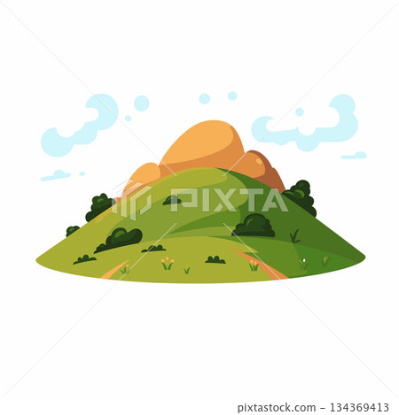 A cartoon illustration depicts a green grassy hill with rocks at its peak. There are shrubs on the hill, a few small flowers, and a winding path. The sky shows light blue clouds. 134369413
