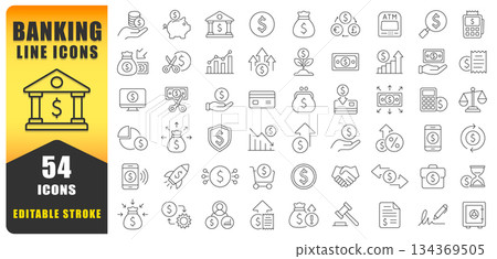 Money and Banking Editable Stroke Line Icon Set. Personal Finance Thin Line Icons Collection. Budget, Savings, Expense, Income, Loan, Dollar, Euro, Pound. Isolated Vector Icons. 134369505