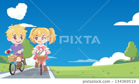 Romantic Young Lovers Cycling on Country Road Under Heart-Shaped Cloud. Happy Boy and Girl with Valentine Gifts. Vector Landscape with Copy Space. 134369519