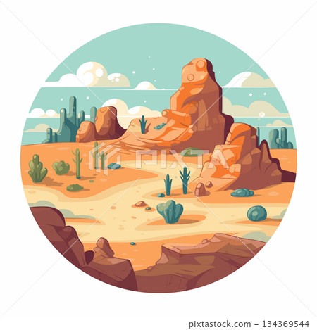 Cartoon style drawing displays a dry desert scene. Cacti grow amongst the rocks and sand. Mountains rise in the background, under a light blue sky with puffy white clouds. 134369544