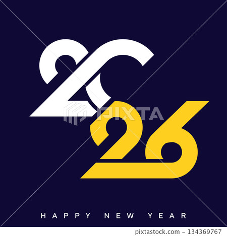Happy New Year 2026 Creative Minimalist Yellow Typography Poster Design. Vector 134369767