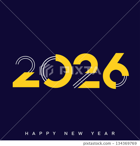 Happy New Year 2026 Creative Minimalist Yellow Typography Poster Design. Vector 134369769