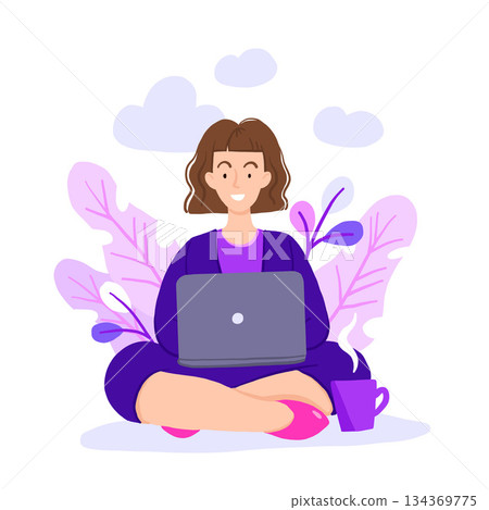 vector illustration of Internet assistant at work. manager for remote work. Freelancer character working from home with laptop sitting in lotus pose with a cup of hot tea or coffee. vector illustration of Internet assistant at work. manager for remote work. Freelancer character working from home with laptop sitting in lotus pose with a cup of hot tea or coffee. 134369775