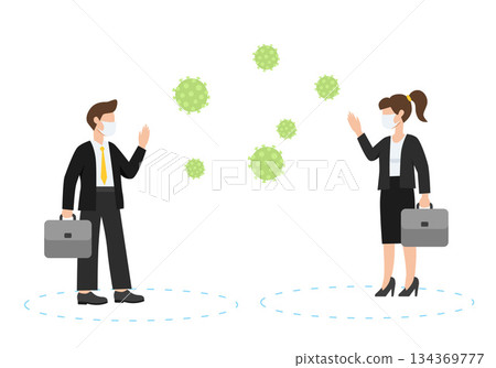 Social distancing, keep distance in public society people to protect from COVID-19 coronavirus outbreak spreading concept, businessman and woman keep distance away in the meeting with virus pathogens 134369777