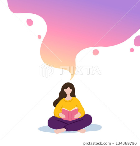 Vector illustration of girl sitting and reading book, dreaming. Motivational literature fan. Colorful gradient concept illustration. Vector illustration of girl sitting and reading book, dreaming. Motivational literature fan. Colorful gradient concept illustration. 134369780