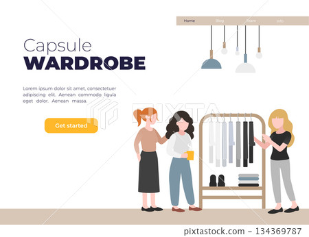 Vector flat illustration about capsule wardrobe. Modern landing page template of wooden cloth rack in minimalistic room with girls in neutral colors clothes. Scandinavian unisex wardrobe. 134369787