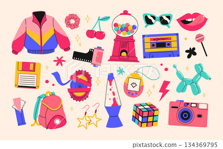 Classic 80s back to 90s elements in modern flat style. Hand drawn sticker set, vector illustration. Fashion patch, badge, emblem with vintage accessories. 134369795