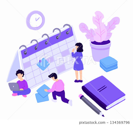 People Characters Planning Schedule with Calendar. Man and Woman Persons Manage and Organize their Work and Time. Business Plan and Time Management Concept. Flat Isometric Illustration. 134369796
