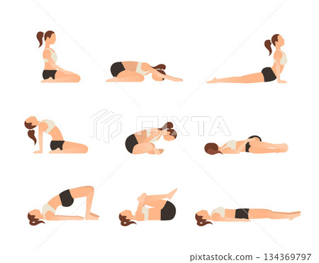 Yoga poses for better sleep. Vector illustrations with woman in sport bra and shorts doing asanas from insomnia and relaxing. Healthy poster in flat vector design. On white isolated background. 134369797