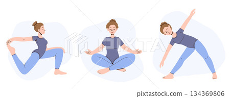 Set of female cartoon characters demonstrating various yoga poses by woman. Vector illustration of a beautiful cartoon woman in various yoga poses. 134369806