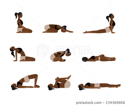Yoga poses for better sleep. Vector illustrations with african american woman in sport bra and shorts doing asanas from insomnia and relaxing. Healthy poster in flat vector design. 134369808