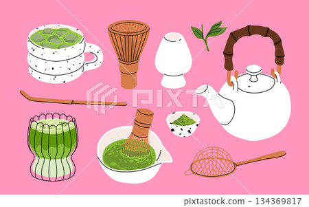 Japanese traditional tea ceremony icons set, including green matcha powder, tools, whisk, bowl, spoon, and teapot. Flat cartoon vector illustration 134369817