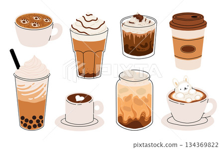 Set of Coffee Cups with Latte Art Patterns Front View. Cute rabbit, Flower and Heart foam shapes. Cafe Bar or Coffee House Graphics. Vector Illustration, Icons Set of Coffee Cups with Latte Art Patterns Front View. Cute rabbit, Flower and Heart foam shapes. Cafe Bar or Coffee House Graphics. Vector Illustration, Icons 134369822