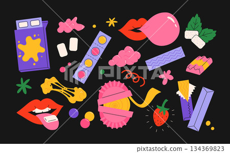 Bubble gum chewing candy, colorful sweet snack in pack for children isolated set on white background. Vintage Vector illustration of bubblegum sugar desserts with different shape and flavor Bubble gum chewing candy, colorful sweet snack in pack for children isolated set on white background. Vintage Vector illustration of bubblegum sugar desserts with different shape and flavor 134369823