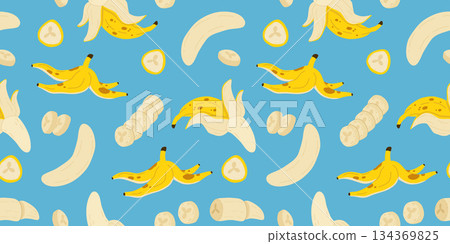 Banana seamless pattern. Trendy summer background. Vector illustration in hand drawn flat style. Vector print for fabric or wallpaper. 134369825
