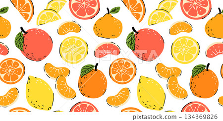 Seamless bright light pattern with Fresh citrus for fabric, drawing labels, print on t-shirt, wallpaper of children's room. Slices of lemon, lime, orange, citrus doodle style cheerful background. 134369826