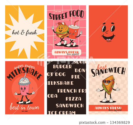 Set of fast food posters. Retro groovy cards with street food characters. Brochure with funky groovy burger, french fries, soda, ice cream, donut, pie, coffee to go, sandwich. Fast food delivery 134369829