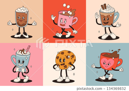 Retro groovy set with coffee mascot, cartoon characters, funny colorful doodle style characters, cappuccino, cocoa, latte, espresso and americano. Vector illustration on beige isolated background. 134369832