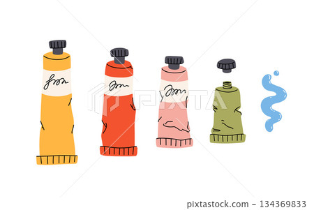 Paint tubes of different colors. Bright acrylic, watercolor or oil dye. Drawing materials. Art stationery. School supplies for painting. Flat isolated vector illustration on white background 134369833