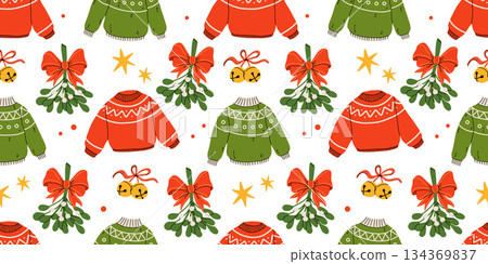 Hygge Winter elements seamless pattern. Cute and cozy cartoon vector collection. Illustration of christmas present, festive garland, warm knitted sweater, envelope, star and skates. 134369837