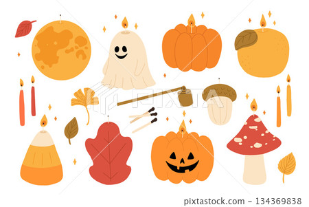 Cozy autumn scented candles set. Collection of various aromatic candles .Hand drawn hygge candlelights. Aromatherapy and relaxation. Flat vector illustration. 134369838