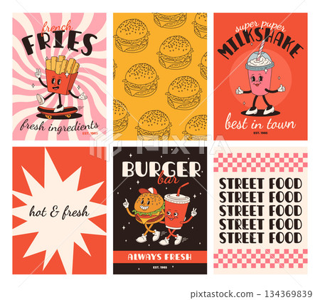 Set of fast food posters. Retro groovy cards with street food characters. Brochure with funky groovy burger, french fries, soda, ice cream, donut, pie, coffee to go, sandwich. Fast food delivery 134369839