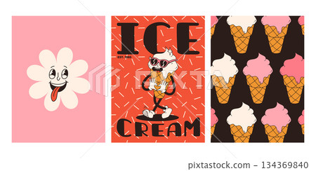 Set of fast food posters. Retro groovy cards with street food characters. Brochure with funky groovy burger, french fries, soda, ice cream, donut, pie, coffee to go, sandwich. Fast food delivery 134369840