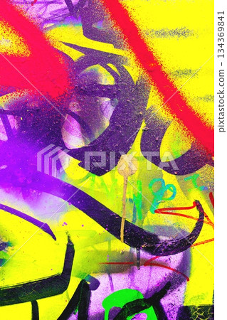 Vibrant Graffiti Street Art in Neon Yellow and Purple with 90s, Trippy Influence 134369841