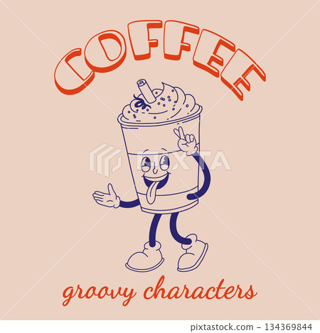 Funky groovy cartoon character Coffee sticker. Vintage funny mascot with psychedelic smile and emotion. Design art for cafe, bar, restaurant. Comic trendy vector illustration 70s 80s 90s style 134369844
