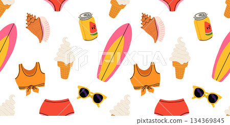 Seamless pattern with summer Icons for tropical vacation. Flat vector seasonal collection with ice cream, pineapple, tropic leaves, plumeria, watermelon, surfboard, beach accessories, swimsuit 134369845