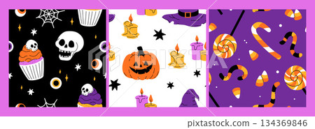 Purple, orange yellow and black seamless prints with Halloween decorative elements - ghost, pumpkin, sculls. Cute vector characters, decor objects - sweets, pumpkin, witch, ghost, bat. Pattern design Purple, orange yellow and black seamless prints with Halloween decorative elements - ghost, pumpkin, sculls. Cute vector characters, decor objects - sweets, pumpkin, witch, ghost, bat. Pattern design 134369846