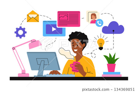 Working at home vector flat style illustration. Online career. Home office illustration. Young man freelancer working on laptop or computer at home. Business man at home in quarantine Working at home vector flat style illustration. Online career. Home office illustration. Young man freelancer working on laptop or computer at home. Business man at home in quarantine 134369851