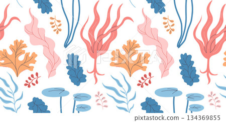 Seaweeds seamless pattern. Aquarium plants, underwater planting. Vector seaweed silhouette isolated set. Illustration of aquatic plant, nature wildlife Seaweeds seamless pattern. Aquarium plants, underwater planting. Vector seaweed silhouette isolated set. Illustration of aquatic plant, nature wildlife 134369855